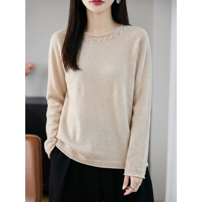 Women Lightweight Fine Knit Round Neck Sweater with Openwork Detail and Casual Silhouette Mune Fashion