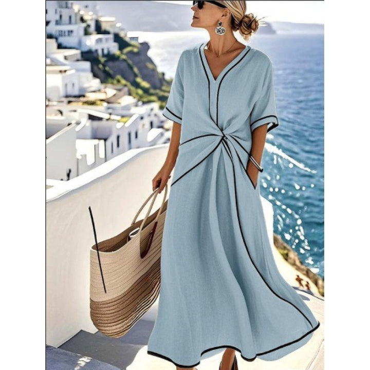 Women's maxi dress with V-neck, side knot and contrast piping Mune Fashion