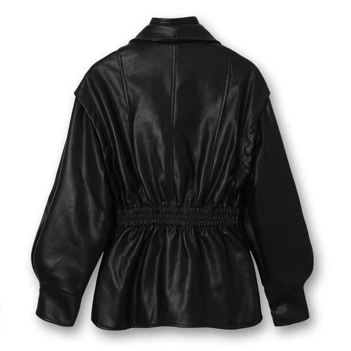Women leather jacket with wide shawl collar, gathered waist area and balloon sleeves Mune Fashion