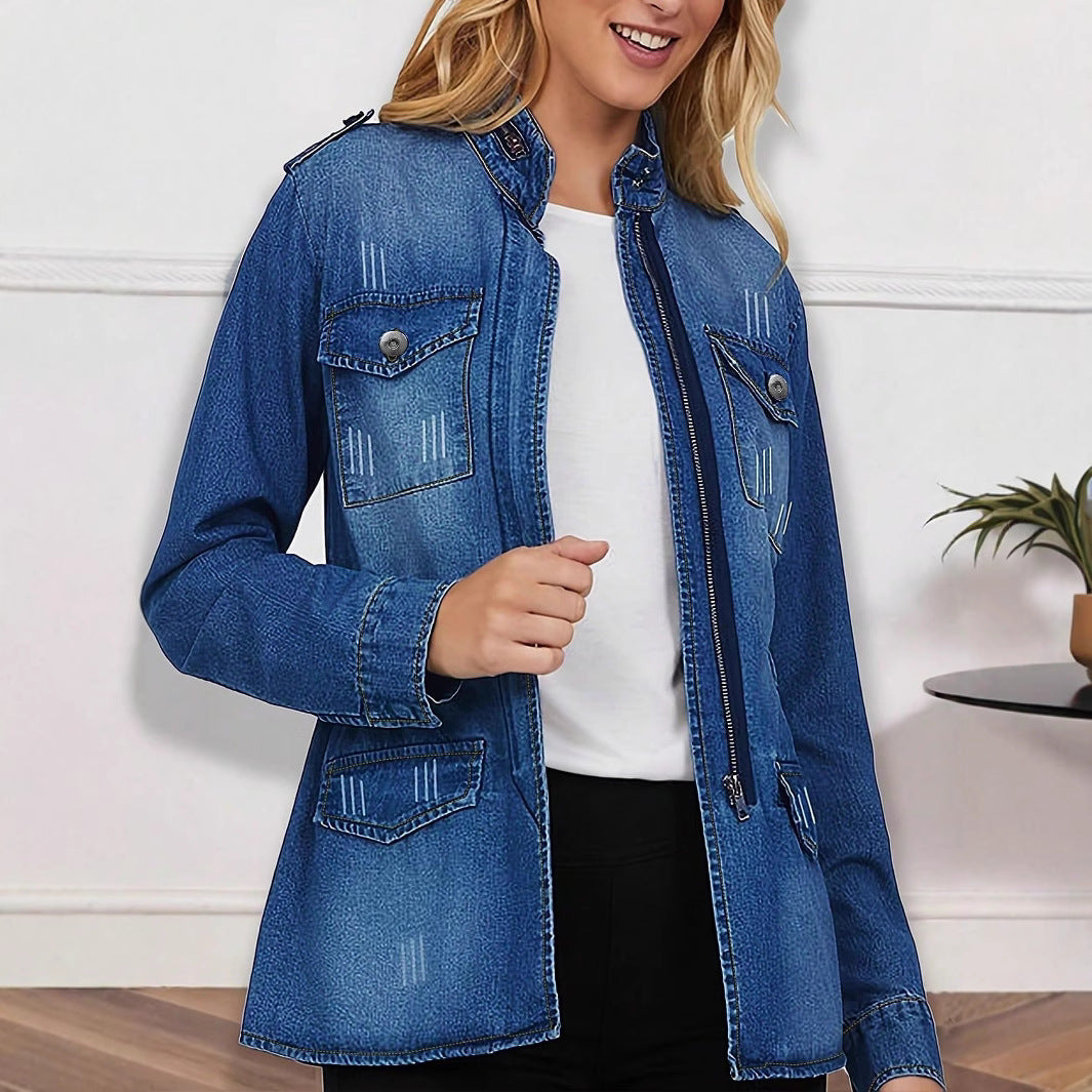 Women tailored denim jacket in military style with stand-up collar and flap pockets Mune Fashion