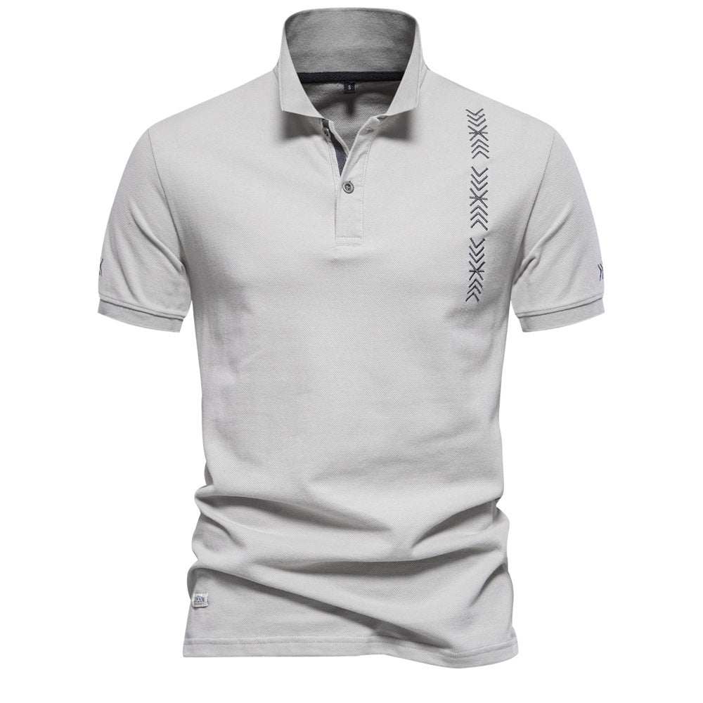 Men's nan casual polo with short button placket, embroidered arrow motif panel, and stand-up collar Mune Fashion