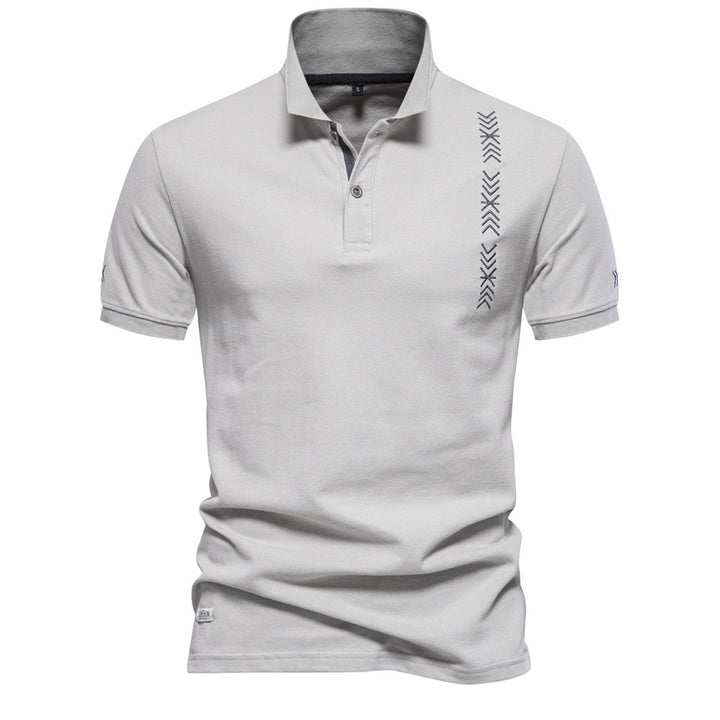 Men's nan casual polo with short button placket, embroidered arrow motif panel, and stand-up collar Mune Fashion