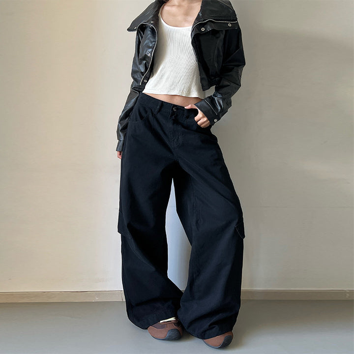 Women's Floor-Length Utility Palazzo Pants in Heavy Twill with Side Flap Pockets Mune Fashion