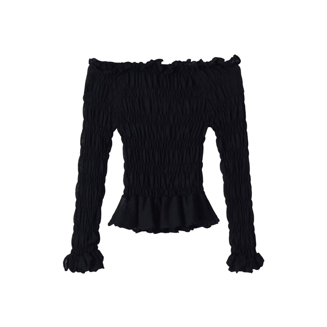 Ladies Off-Shoulder Smock Top with Long Sleeves and Ruffle Hem Mune Fashion