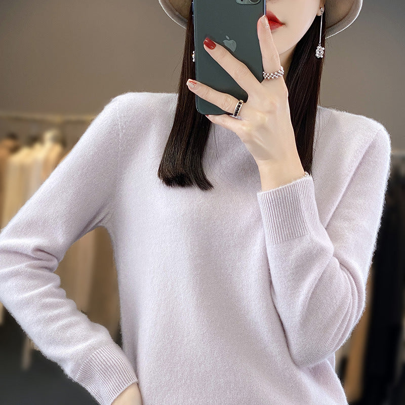Ladies luxurious fine knit round neck sweater with soft fluffy finish and narrow cuff shape Mune Fashion
