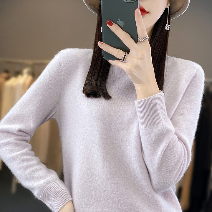 Ladies luxurious fine knit round neck sweater with soft fluffy finish and narrow cuff shape Mune Fashion