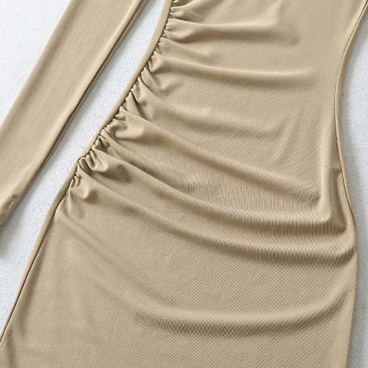 Women's Figure-hugging Midi Dress with Deep Round Neckline, Long Sleeves, and Side Gatherings