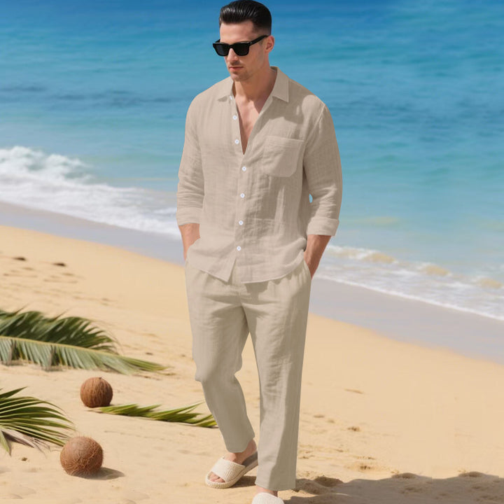 Men's light house suit made of cotton gauze with kent collar shirt, breast pocket and drawstring pants Mune Fashion