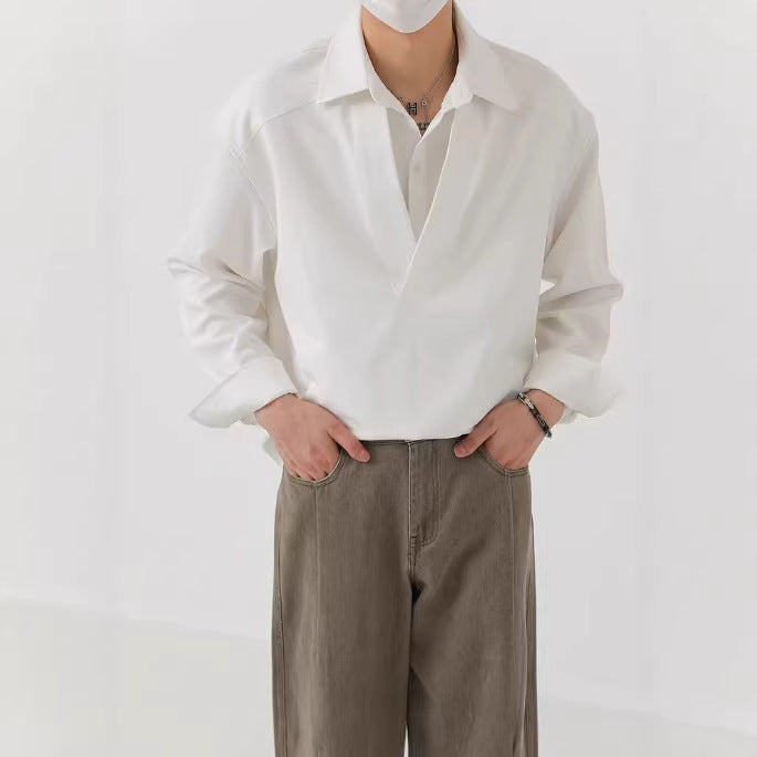 Men's shirt sweater in oversized cut with deep V-neck and classic collar Mune Fashion