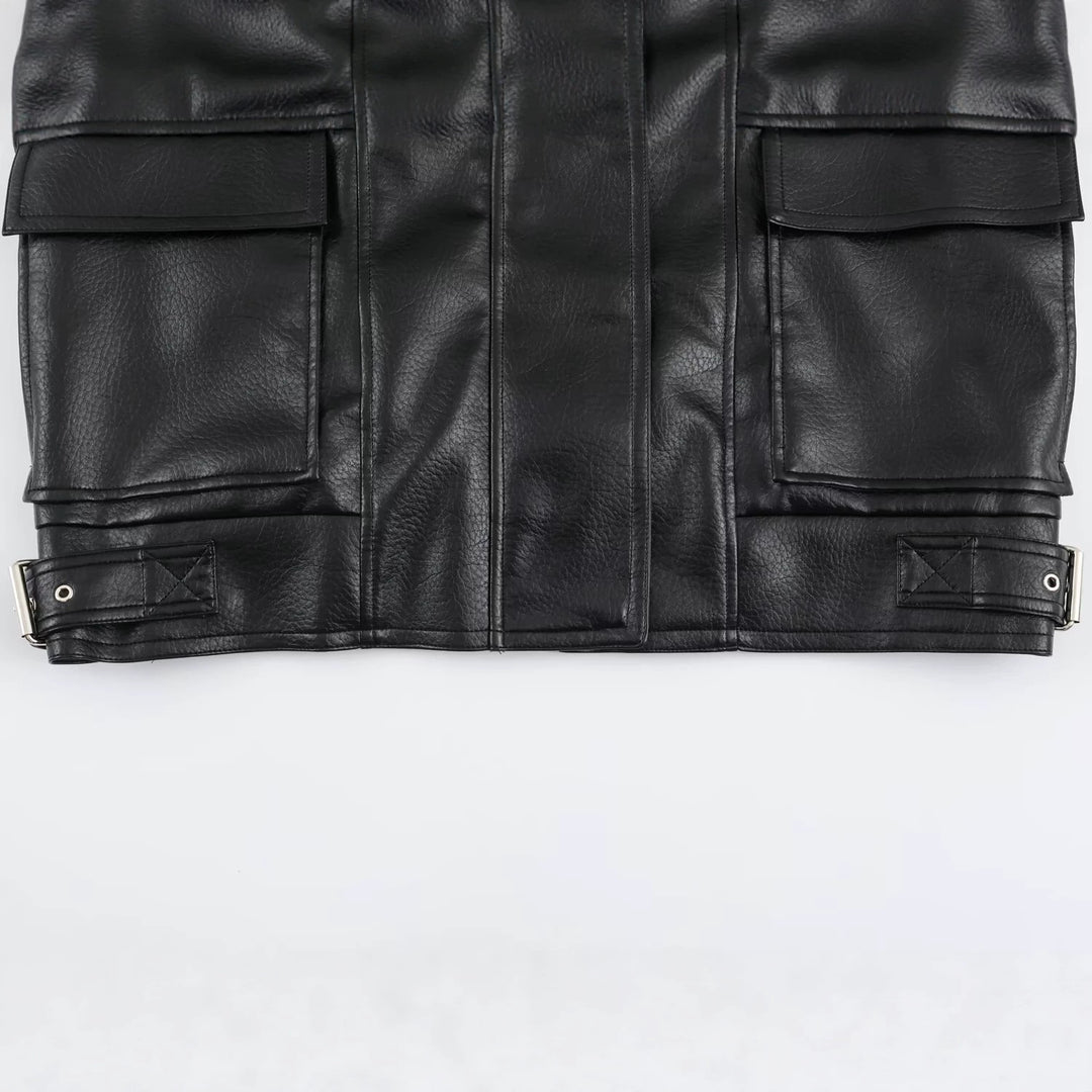 Women's Oversized Faux Leather Jacket with High Funnel Collar and Patch Pockets Mune Fashion