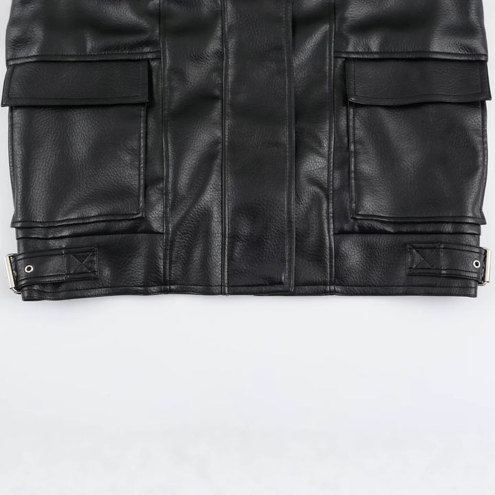 Women's Oversized Faux Leather Jacket with High Funnel Collar and Patch Pockets Mune Fashion