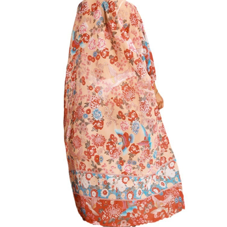 Women's floral beach kimono with wide-cut sleeves