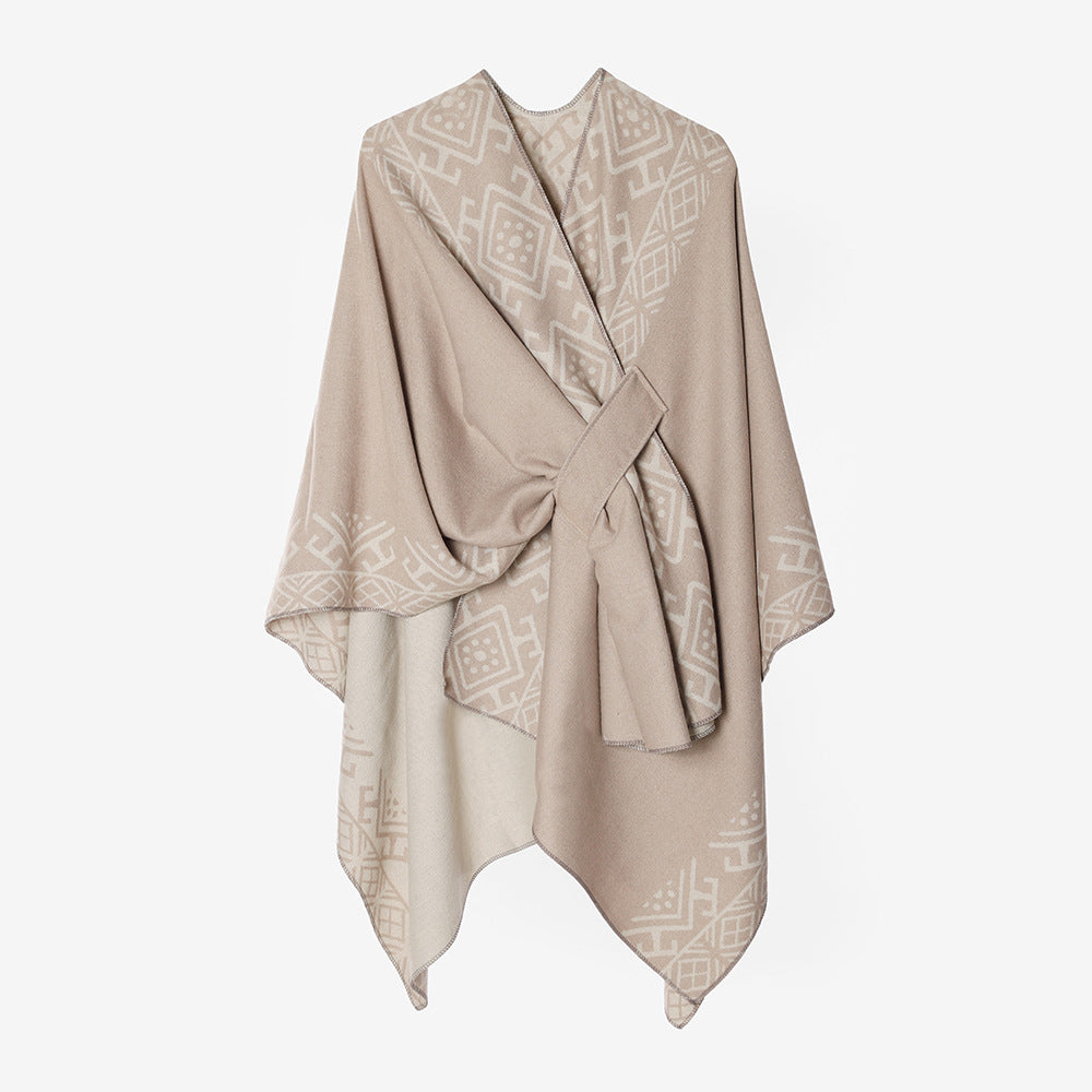 Women's cape poncho with knot closure, double-layer jacquard and soft wool blend Mune Fashion