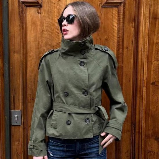Women's short tailored trench coat with high standing collar, double-breasted button placket, and adjustable tie belt Mune Fashion