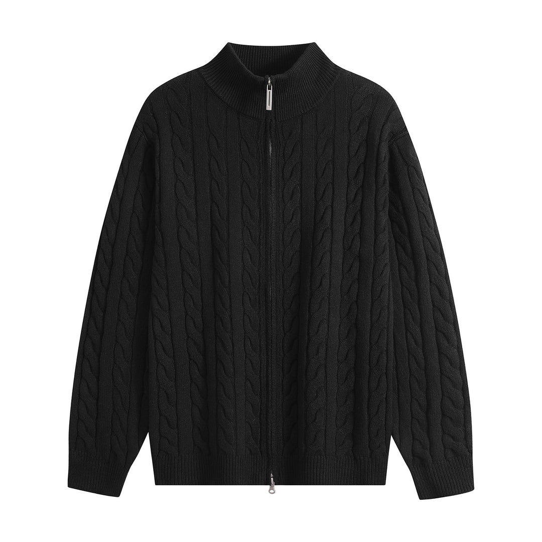 Men's Chunky Knit Zip-Up Cardigan with Cable Pattern, Stand-Up Collar and Oversized Cut Mune Fashion