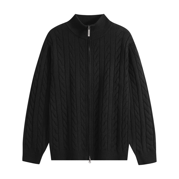 Men's Chunky Knit Zip-Up Cardigan with Cable Pattern, Stand-Up Collar and Oversized Cut Mune Fashion
