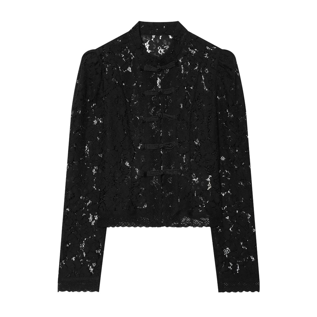 Ladies nan elegant lace jacket with stand-up collar, decorative cord closures and cropped silhouette Mune Fashion
