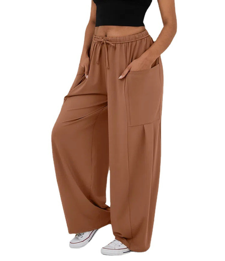 Women's Wide Relaxed Pants with High Elastic Waistband, Drawstring and Large Cargo Pockets Mune Fashion