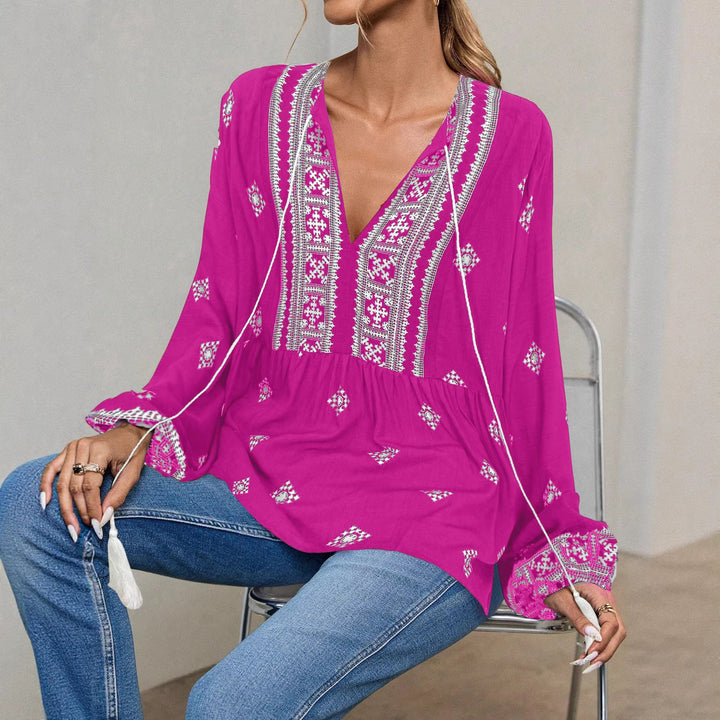 Women Embroidered Boho Tunic Blouse with Tassel Bands and Layered Hem Mune Fashion