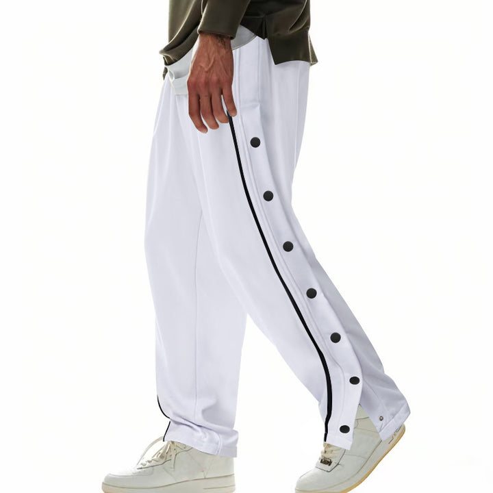 Men's wide training pants with side snap button placket, contrast stripes, elastic waistband, and straight leg Mune Fashion