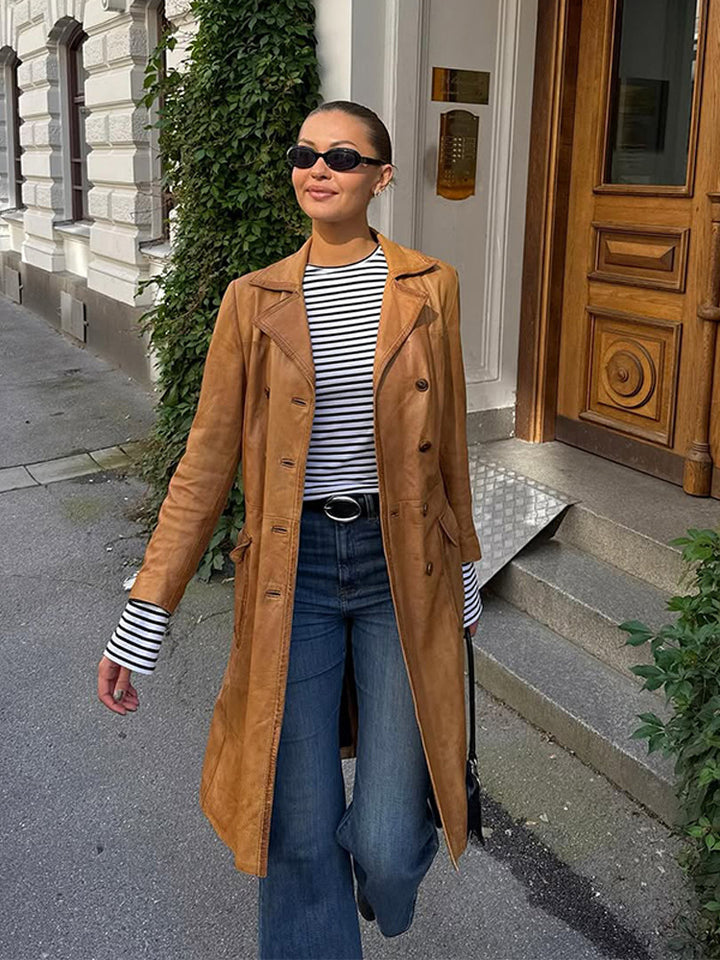 Women's Longer Tailored Leather Trench Coat with Double-Breasted Button Placket and Notched Collar Mune Fashion
