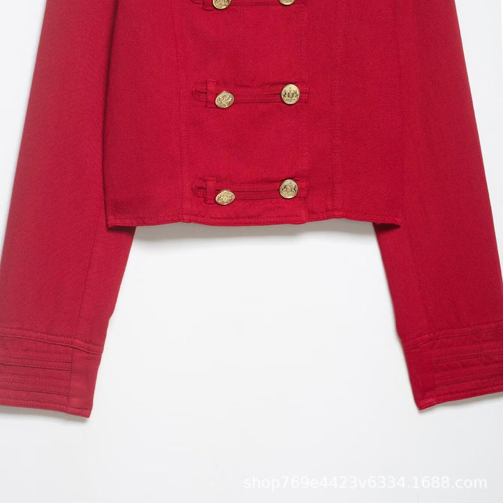 Women Short Military Jacket in Cropped Cut with Stand-up Collar and Golden Decorative Buttons Mune Fashion