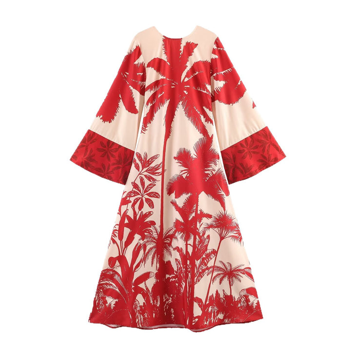 Women's midi dress in kimono style with wide bell sleeves and tropical palm print Mune Fashion
