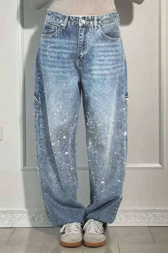 Women's High-Waist Jeans in loose Cargo cut with sparkling rhinestone trim Mune Fashion