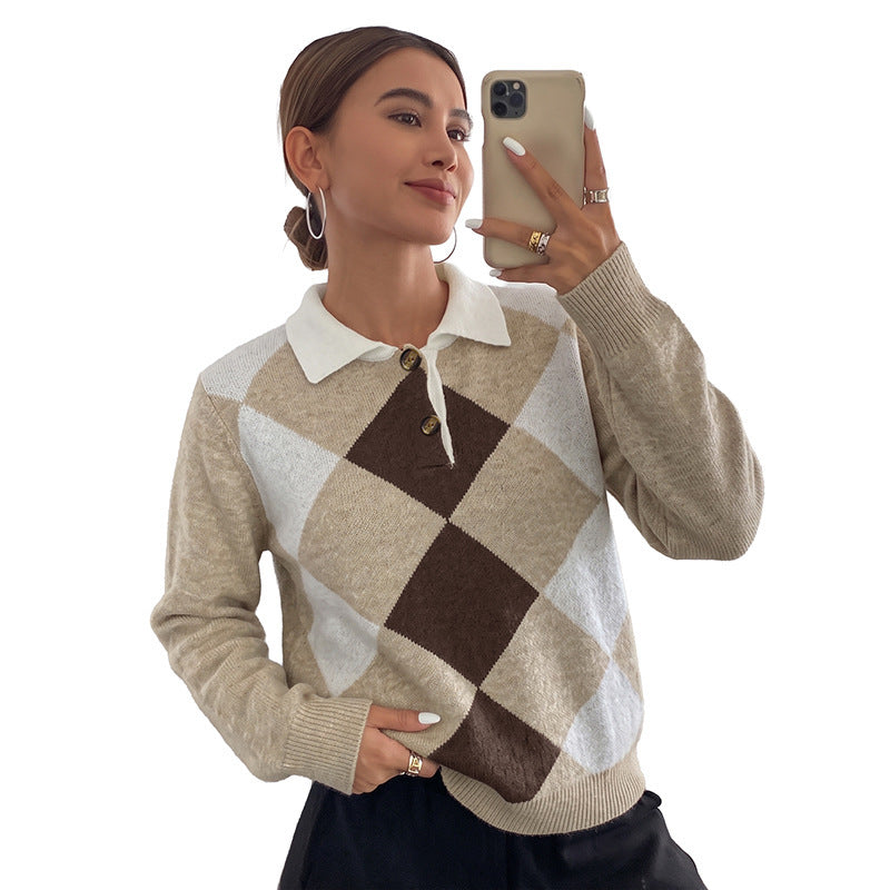 Women's Argyle Polo Knit Sweater with Contrast Collar and Decorative Button Mune Fashion