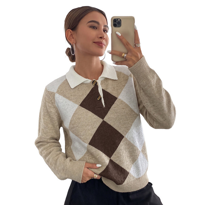 Women's Argyle Polo Knit Sweater with Contrast Collar and Decorative Button Mune Fashion