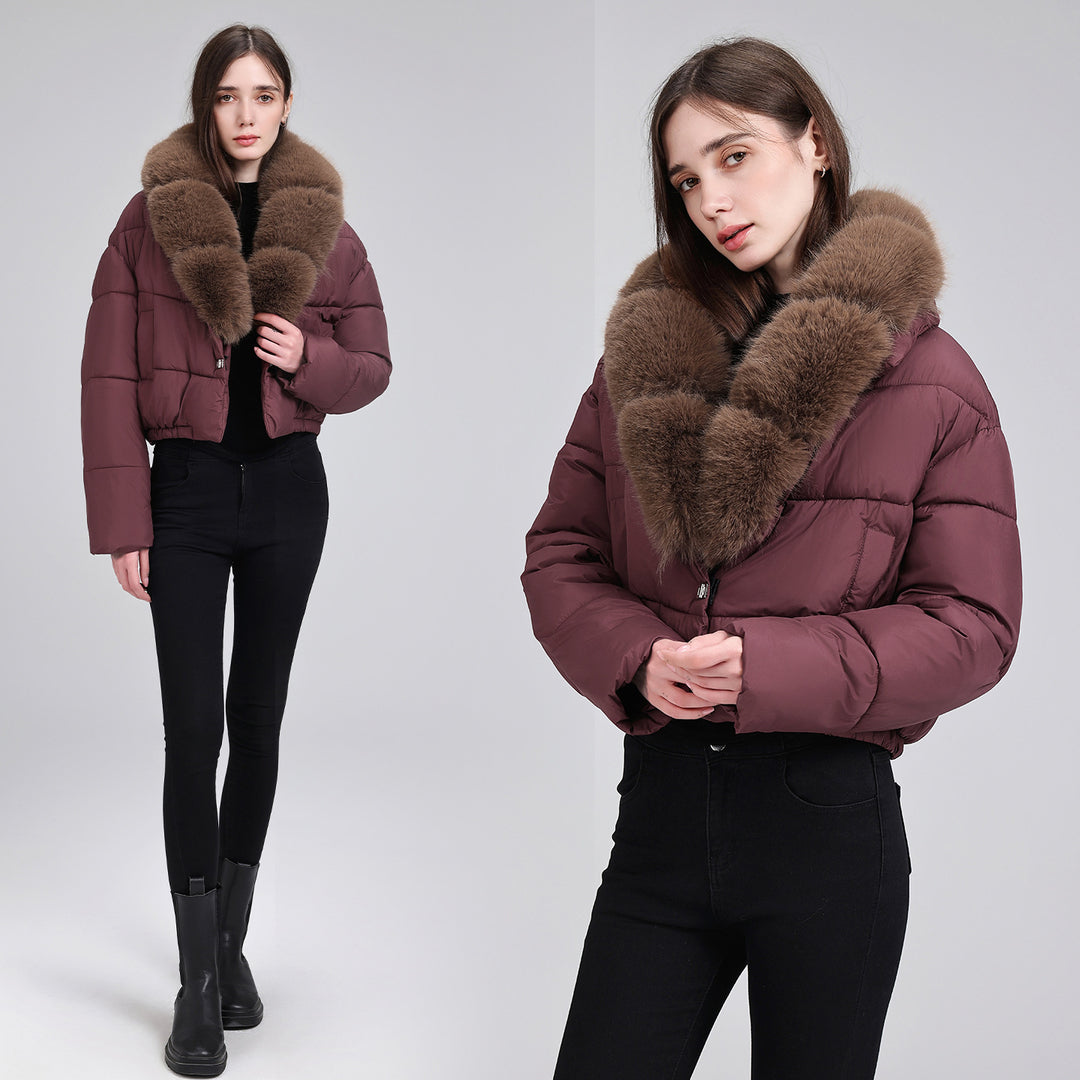 Women's Short Quilted Puffer Bomber Jacket with Extra Wide Faux Fur Collar Mune Fashion