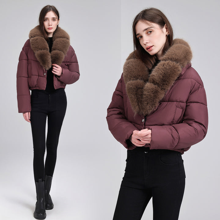 Women's Short Quilted Puffer Bomber Jacket with Extra Wide Faux Fur Collar Mune Fashion