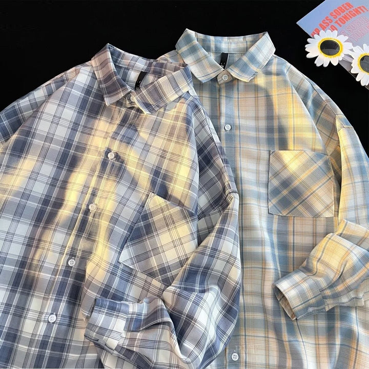 Men's Oversized Check Flannel Shirt with Chest Pocket and Drop-Shoulder