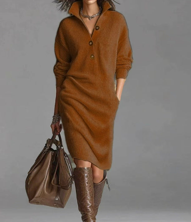 Women's knitted sweater dress with polo collar, patch pockets and casual fit Mune Fashion