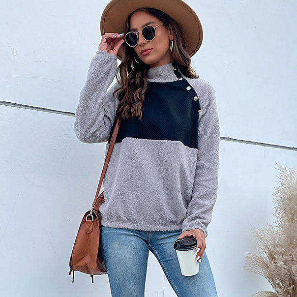 Women's Cozy Teddy Fleece Pullover with Stand-Up Collar and Snap Button Placket Mune Fashion