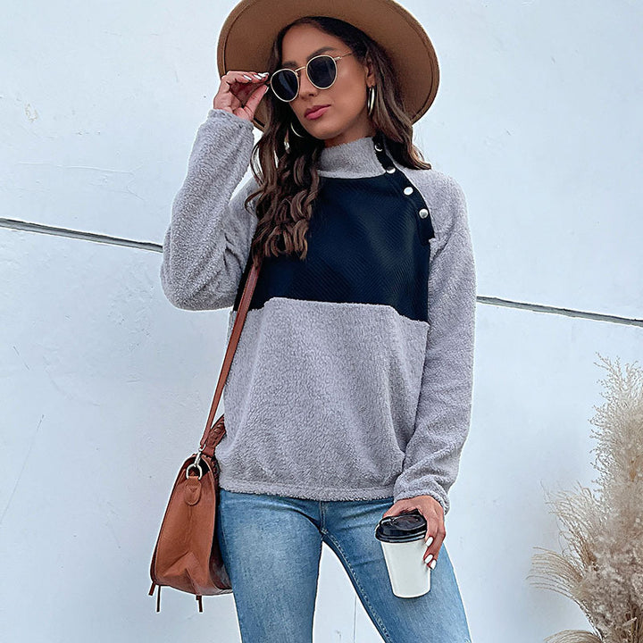 Women's Cozy Teddy Fleece Pullover with Stand-Up Collar and Snap Button Placket Mune Fashion