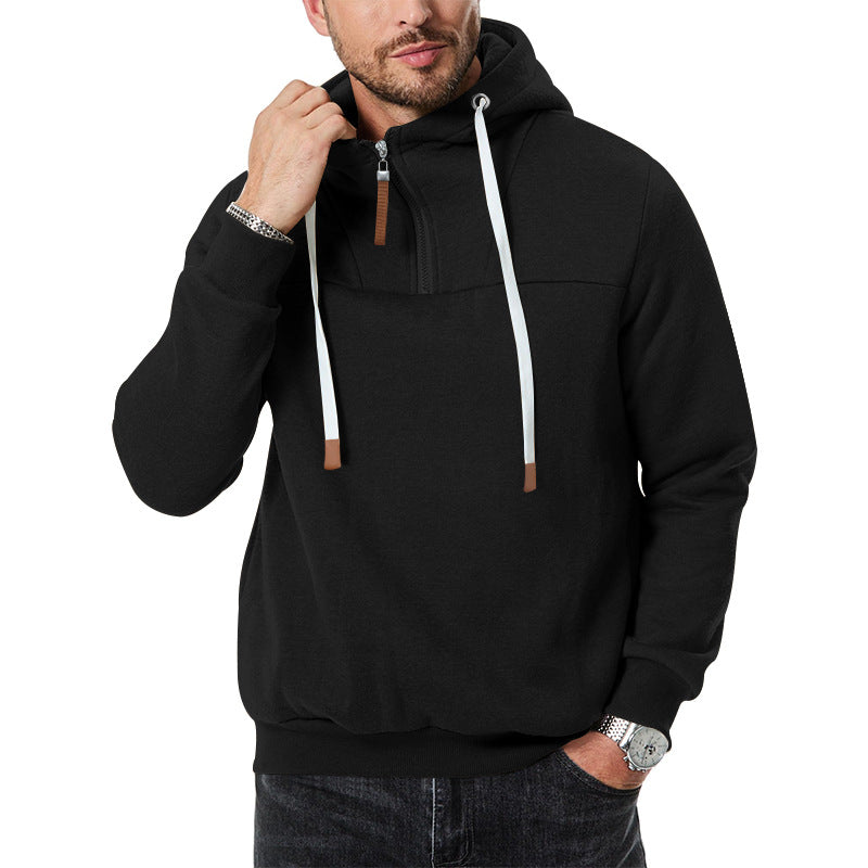 Men's Fleece Half-Zip Hoodie with Hood, Drawstring, and Elastic Cuffs Mune Fashion