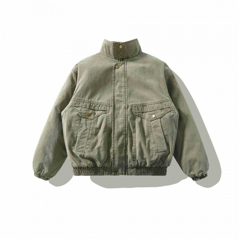 Unisex Loose-Fitting Canvas Utility Jacket with Standing Collar, Flap Pockets and Elastic Hem Mune Fashion