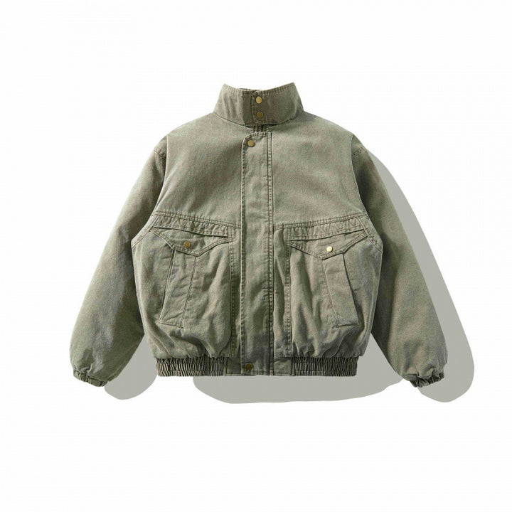 Unisex Loose-Fitting Canvas Utility Jacket with Standing Collar, Flap Pockets and Elastic Hem Mune Fashion