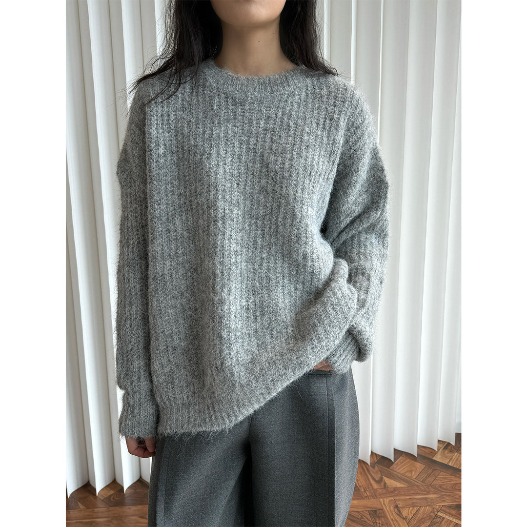 Women Fluffy Oversized Sweater in Mohair Look with Ribbed Textured Knit Mune Fashion