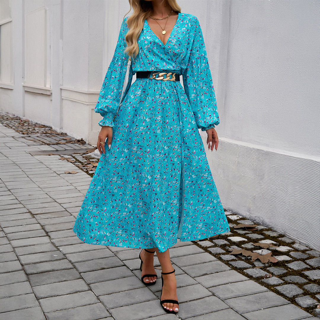 Ladies' wrap midi dress with V-neck, balloon sleeves, and flattering belt Mune Fashion