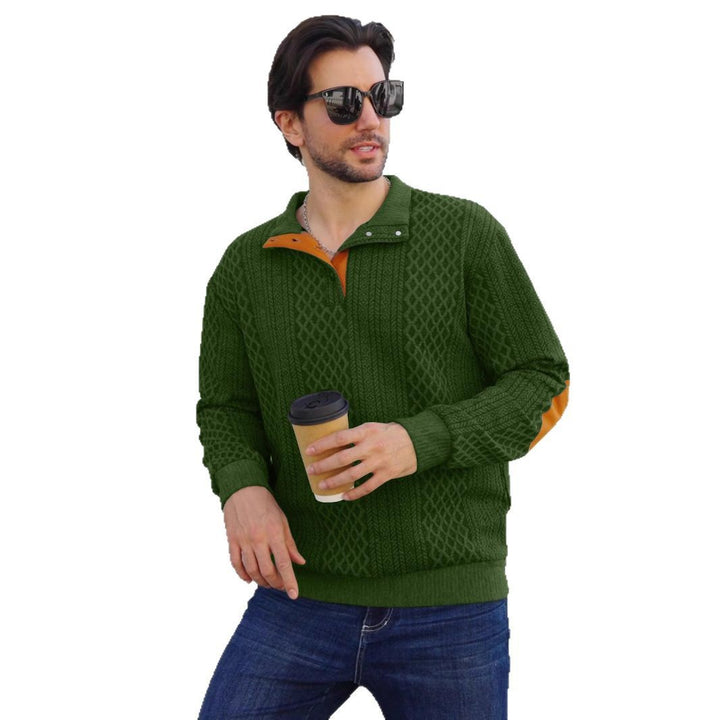 Men's structured Henley pullover with stand-up collar, button placket and leather-look elbow patches Mune Fashion