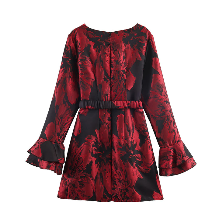 Women's festive A-line mini dress with jacquard structure, voluminous ruffle sleeves and decorative belt Mune Fashion