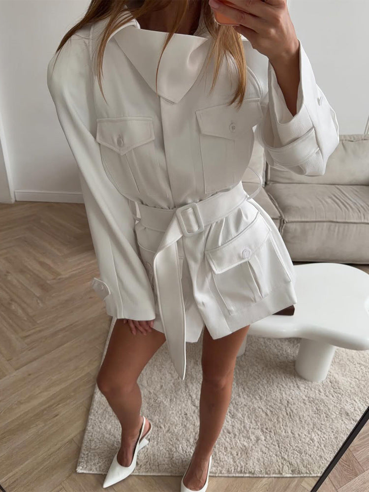Women’s Short Blouse Dress with Waist Belt and Flap Pockets Mune Fashion