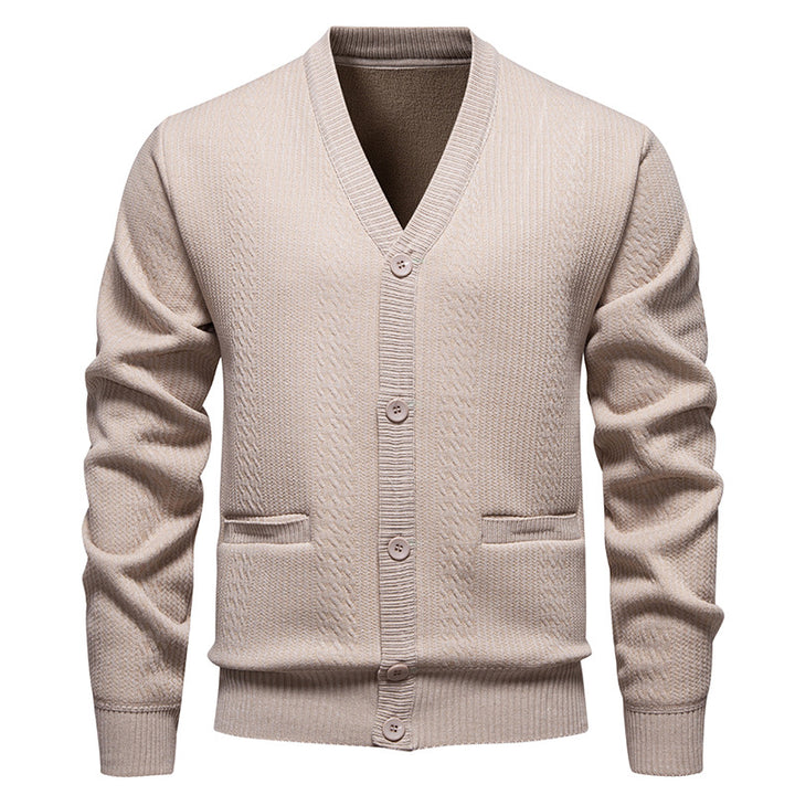Men's Textured V-Neck Knit Cardigan with Button Placket and Pockets Mune Fashion