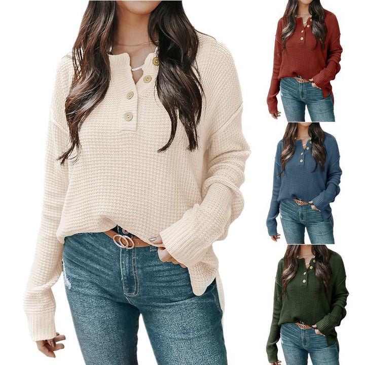 Women's Relaxed Waffle Texture Henley Pullover with Button Placket and Dropped Shoulder Mune Fashion
