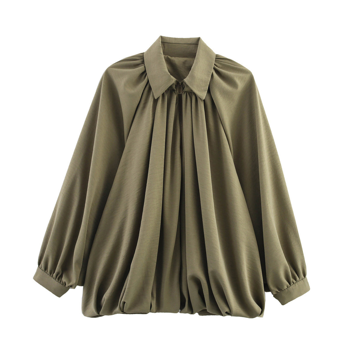 Women's Loose Ruched Blouse Jacket with Zipper and Balloon Sleeves Mune Fashion