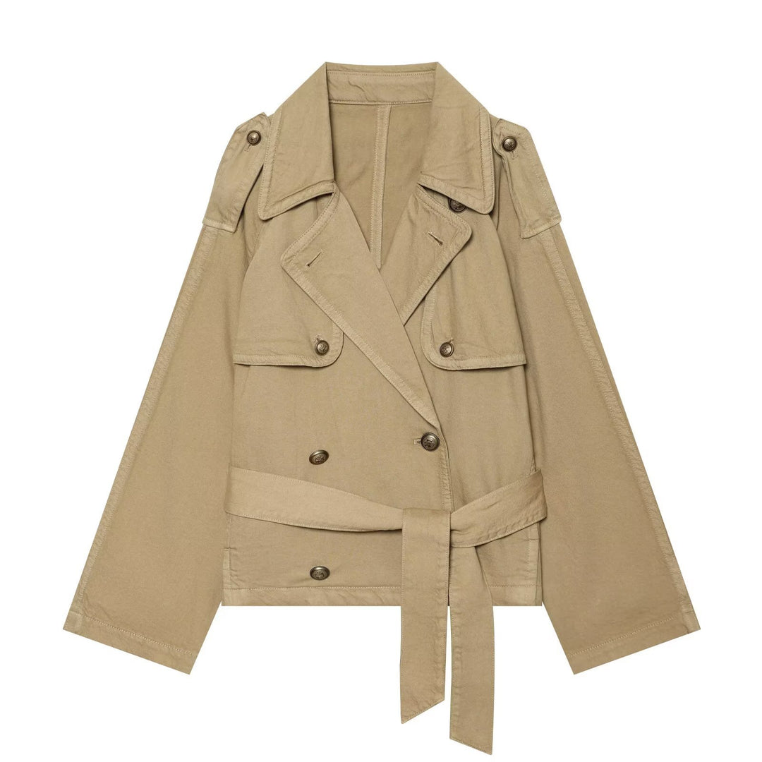 Women's short trench coat with double-breasted button placket, shoulder epaulets, and waist belt Drune