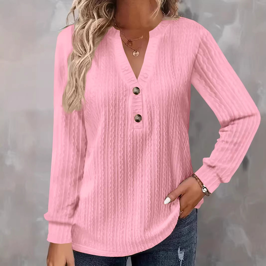 Women Structured V-Neck Long Sleeve Shirt with Decorative Button Placket Mune Fashion