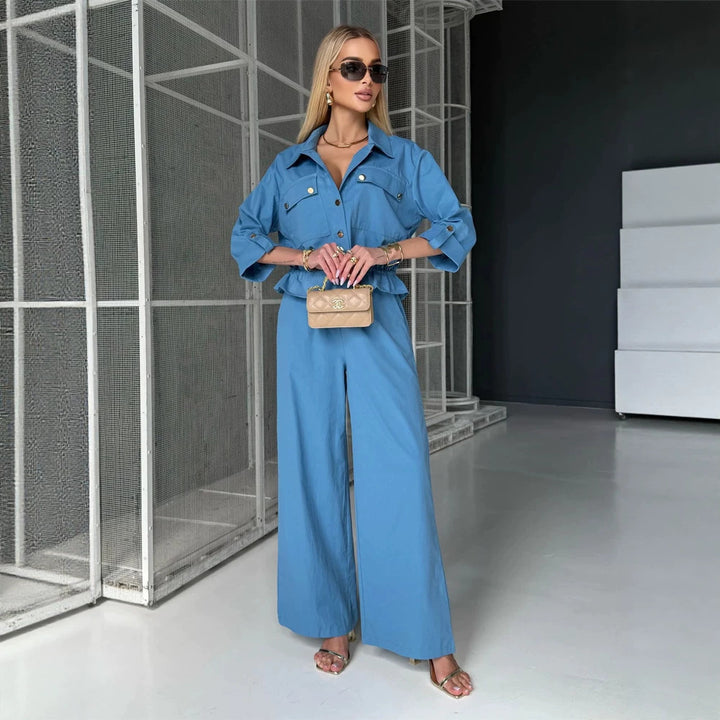 Women's Two-Piece Utility Shirt Jacket and High Waisted Pants Set with Drawstring and Gold Snap Buttons Mune Fashion